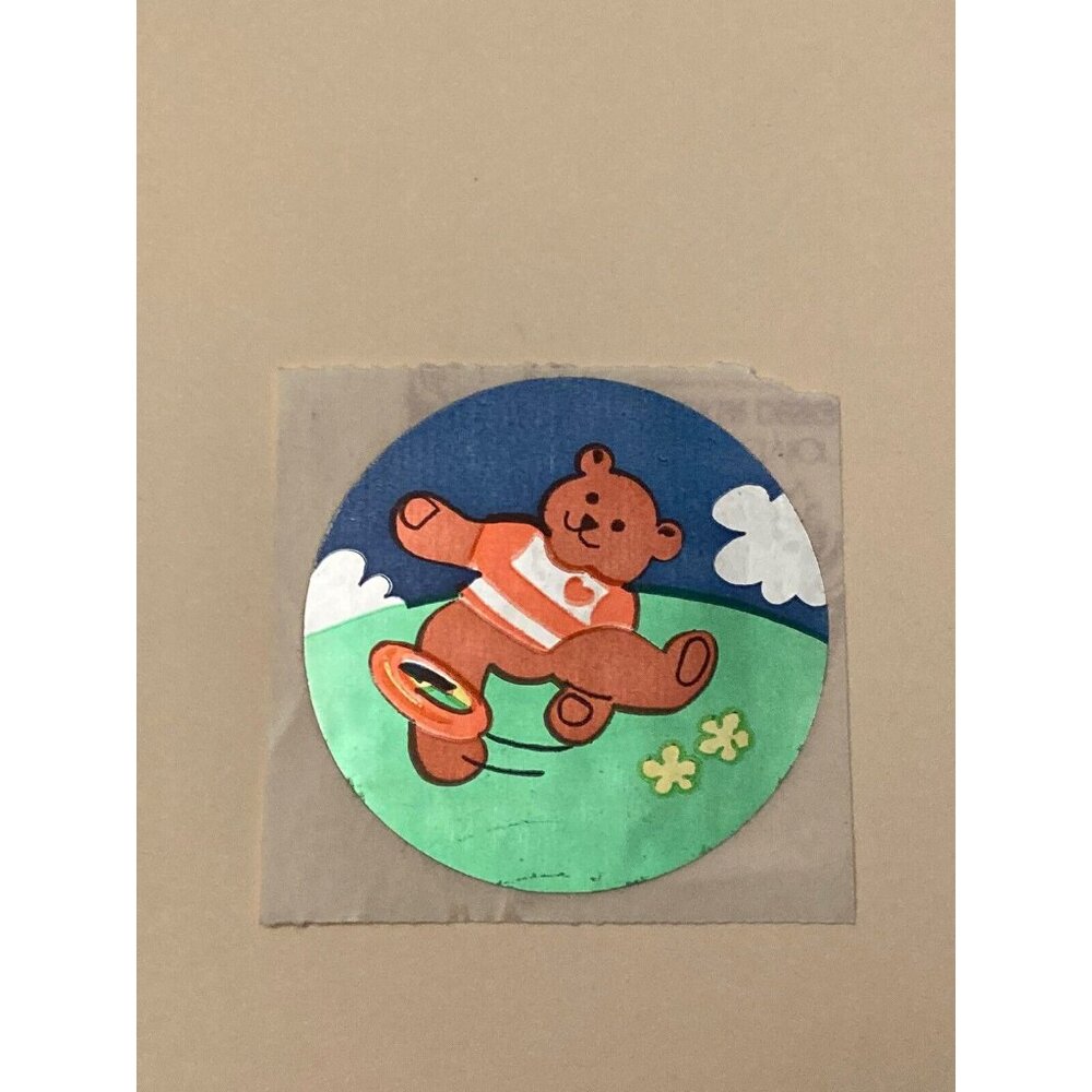 Vintage 1980s Rare Sandylion Foil Sticker Bear Frisbee Disc Throw
